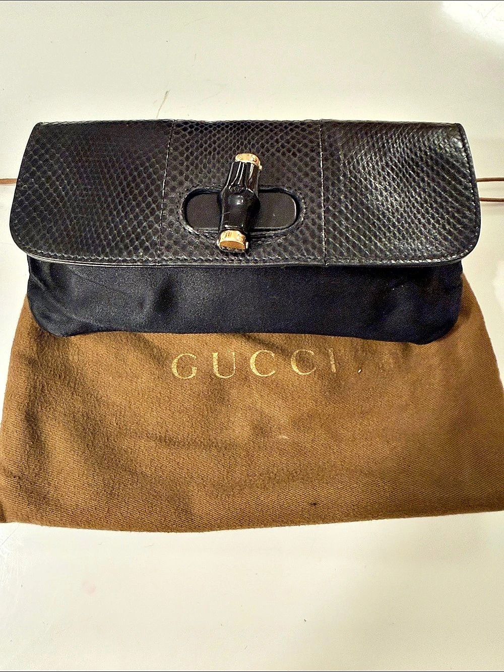Gucci Python Bamboo Satin Clutch Black & Brown